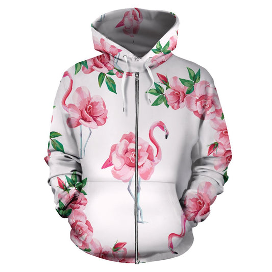 Flamingo Rose Pattern All Over Zip Up Hoodie
