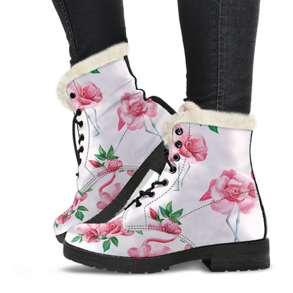 Flamingo Rose Pattern Faux Fur Leather Boots