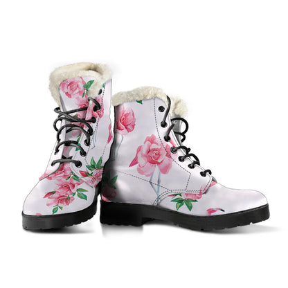 Flamingo Rose Pattern Faux Fur Leather Boots