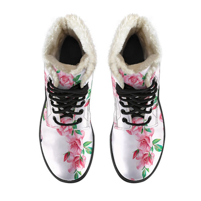 Flamingo Rose Pattern Faux Fur Leather Boots