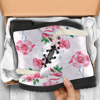 Flamingo Rose Pattern Faux Fur Leather Boots