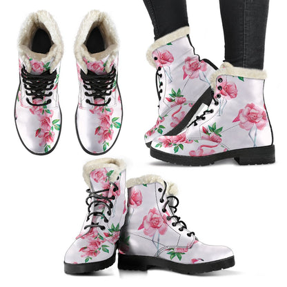 Flamingo Rose Pattern Faux Fur Leather Boots