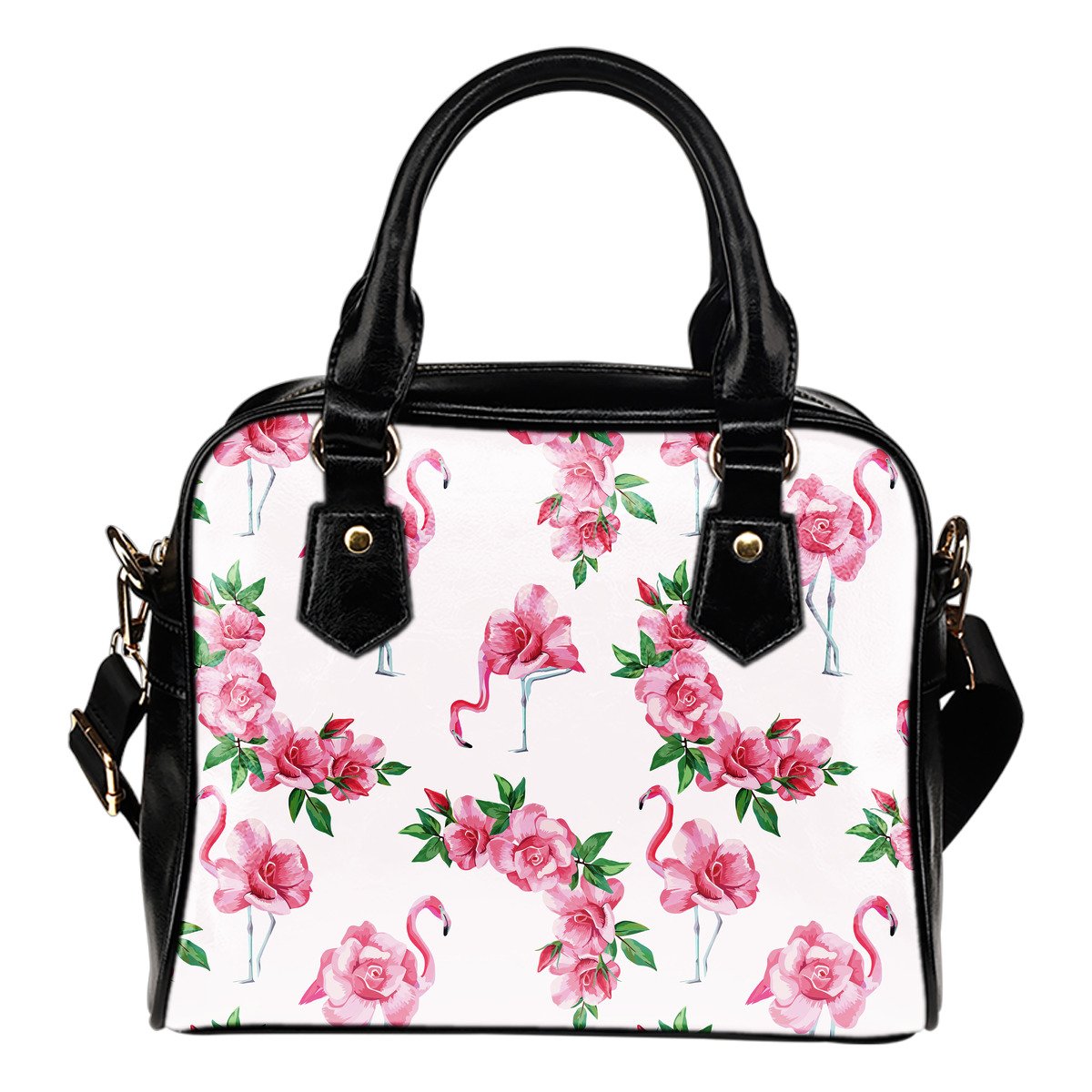 Flamingo Rose Pattern Leather Shoulder Handbag