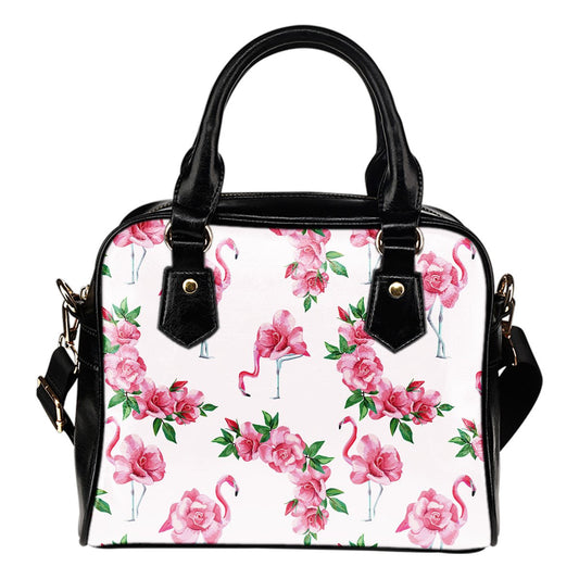 Flamingo Rose Pattern Leather Shoulder Handbag