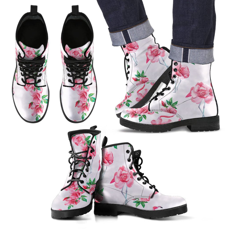 Flamingo Rose Pattern Men Leather Boots