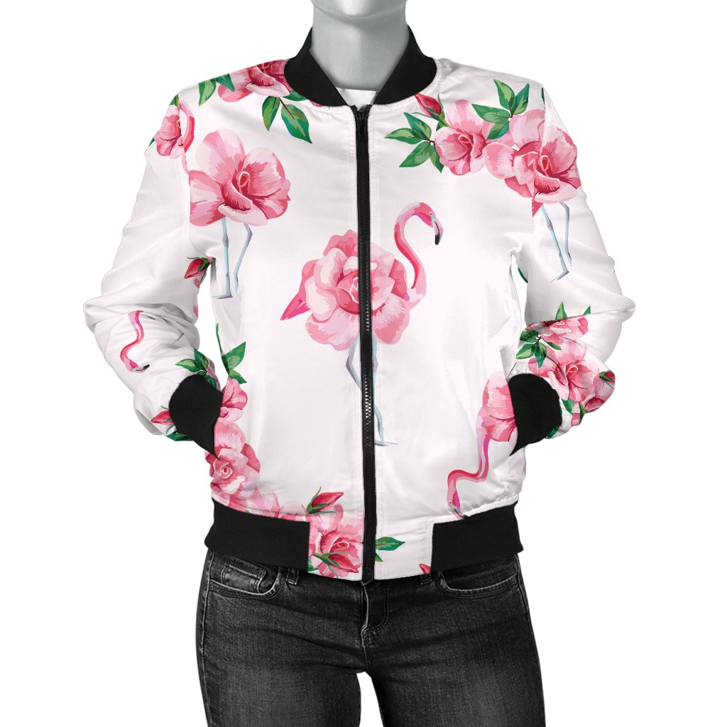 Flamingo Rose Pattern Women Casual Bomber Jacket