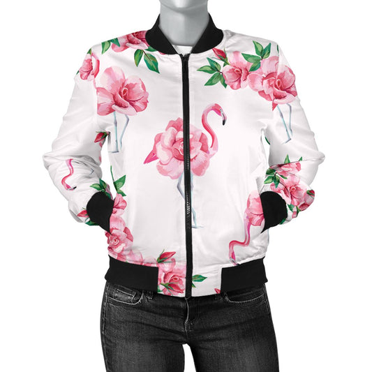 Flamingo Rose Pattern Women Casual Bomber Jacket