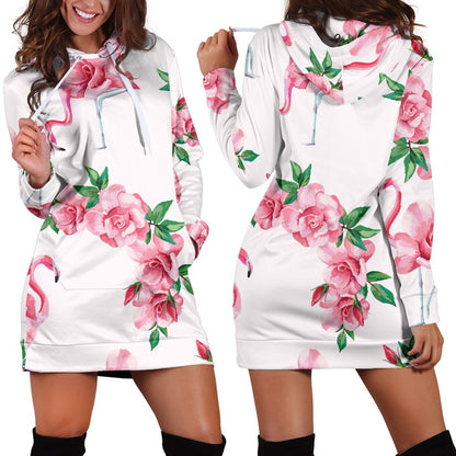 Flamingo Rose Pattern Women Hoodie Dress