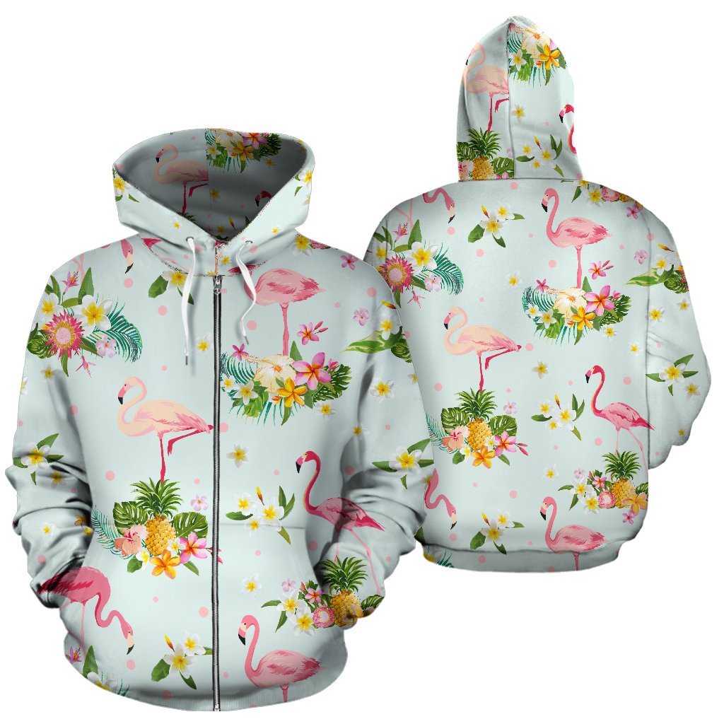 Flamingo Tropical Flower Pattern All Over Zip Up Hoodie