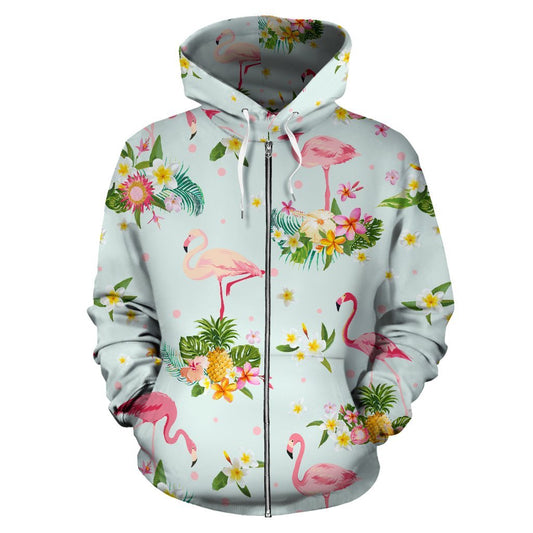 Flamingo Tropical Flower Pattern All Over Zip Up Hoodie