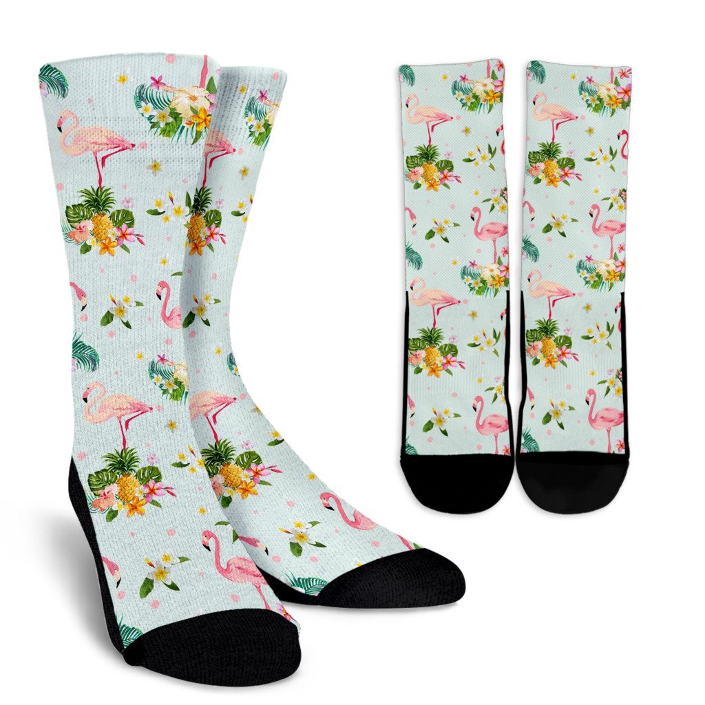 Flamingo Tropical Flower Pattern Crew Socks