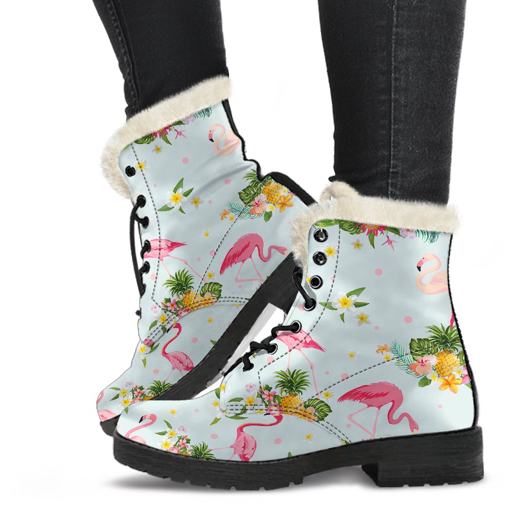 Flamingo Sweet Pattern Faux Fur Leather Boots