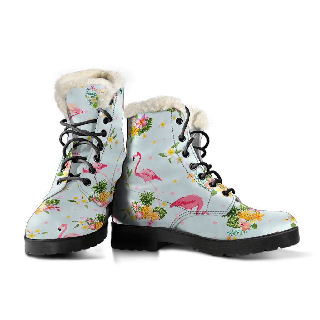 Flamingo Sweet Pattern Faux Fur Leather Boots