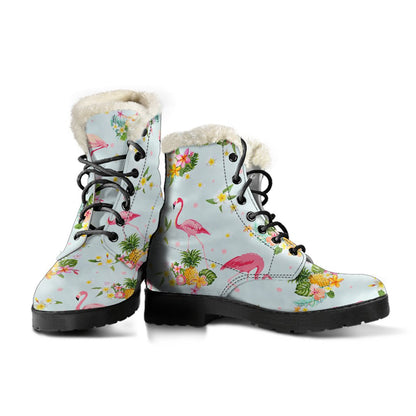 Flamingo Sweet Pattern Faux Fur Leather Boots