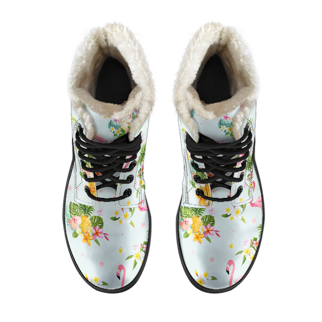 Flamingo Sweet Pattern Faux Fur Leather Boots