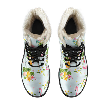 Flamingo Sweet Pattern Faux Fur Leather Boots