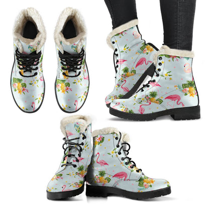 Flamingo Sweet Pattern Faux Fur Leather Boots