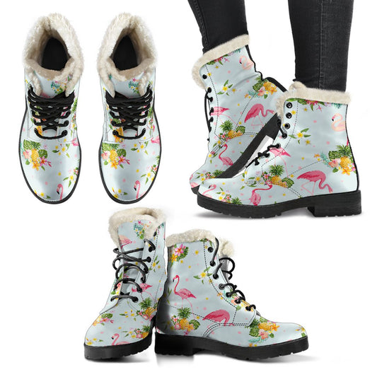 Flamingo Sweet Pattern Faux Fur Leather Boots