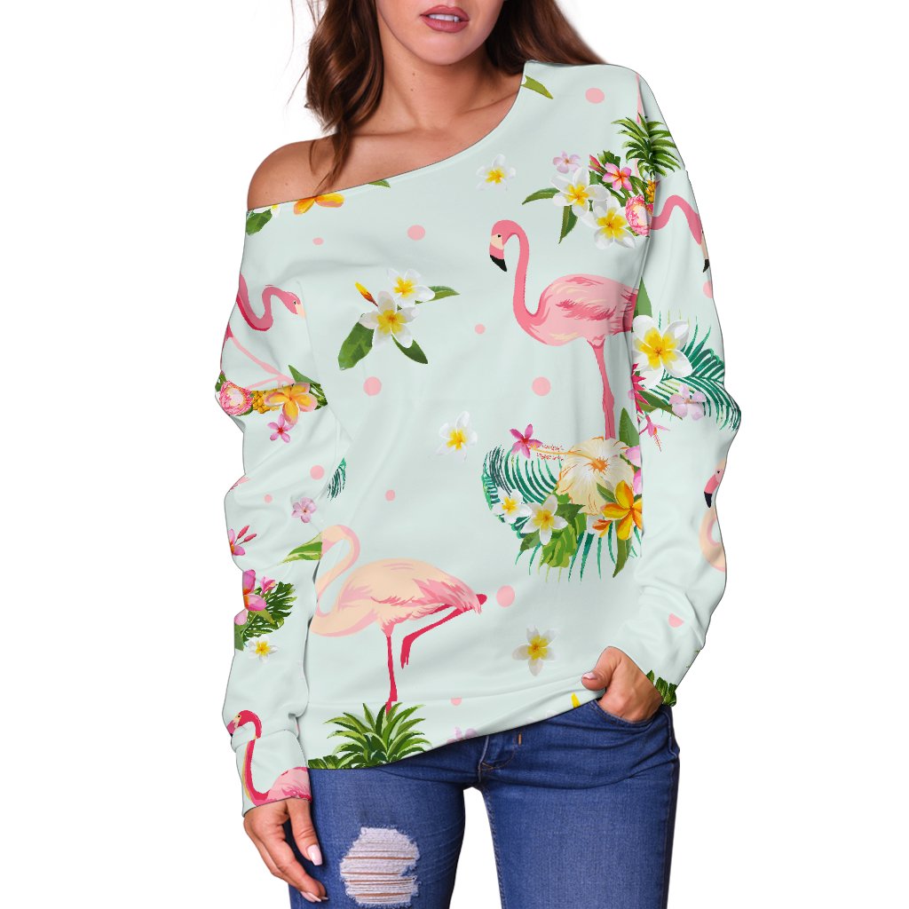Flamingo Sweet Pattern Off Shoulder Sweatshirt