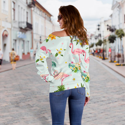 Flamingo Sweet Pattern Off Shoulder Sweatshirt