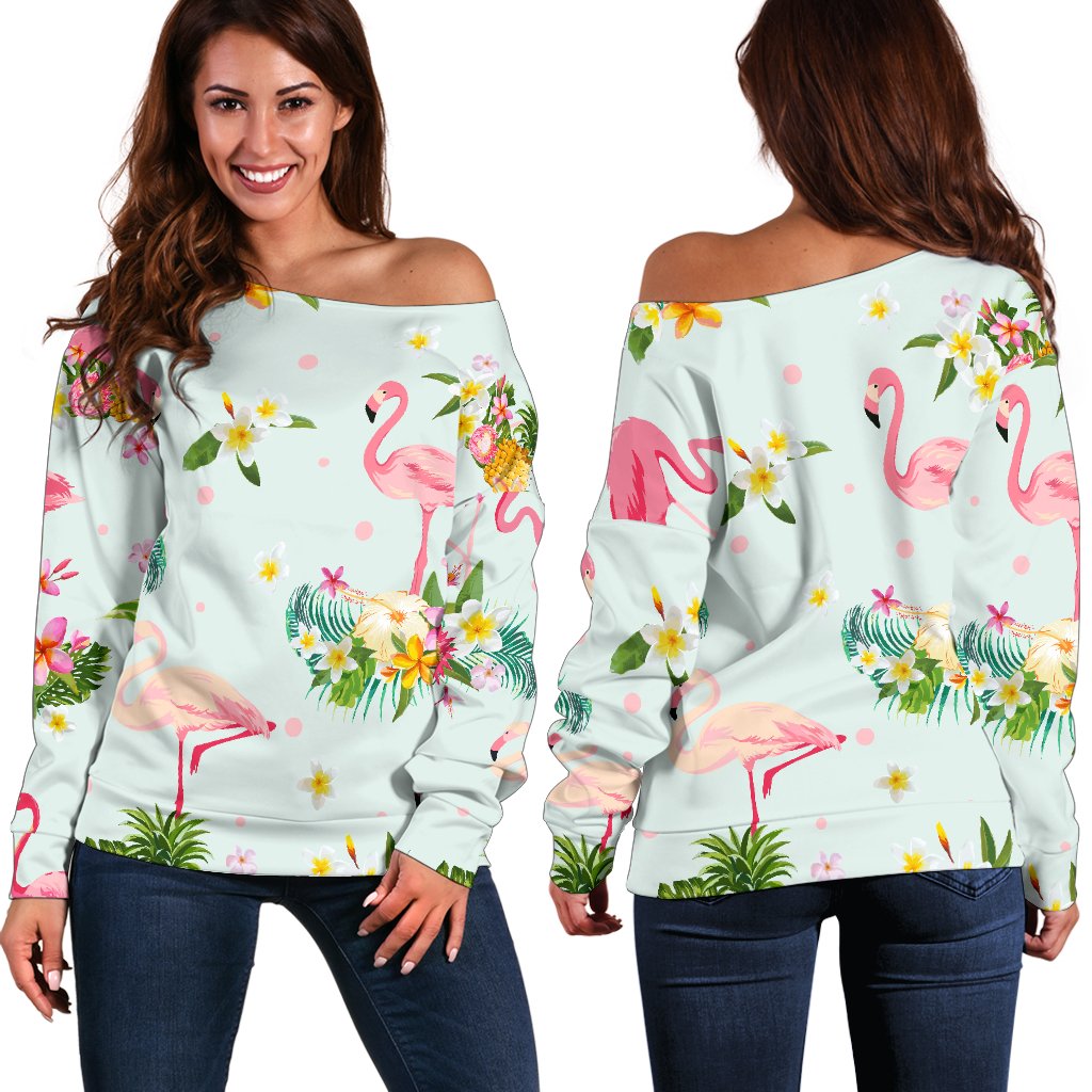 Flamingo Sweet Pattern Off Shoulder Sweatshirt