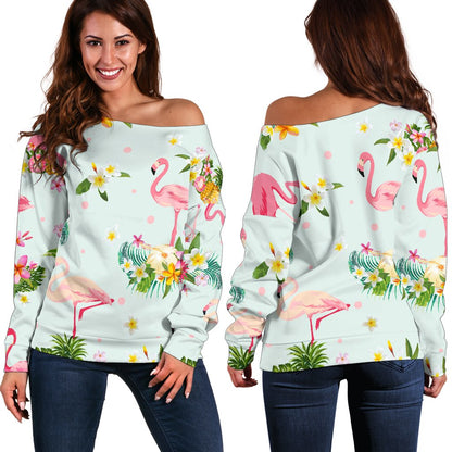 Flamingo Sweet Pattern Off Shoulder Sweatshirt
