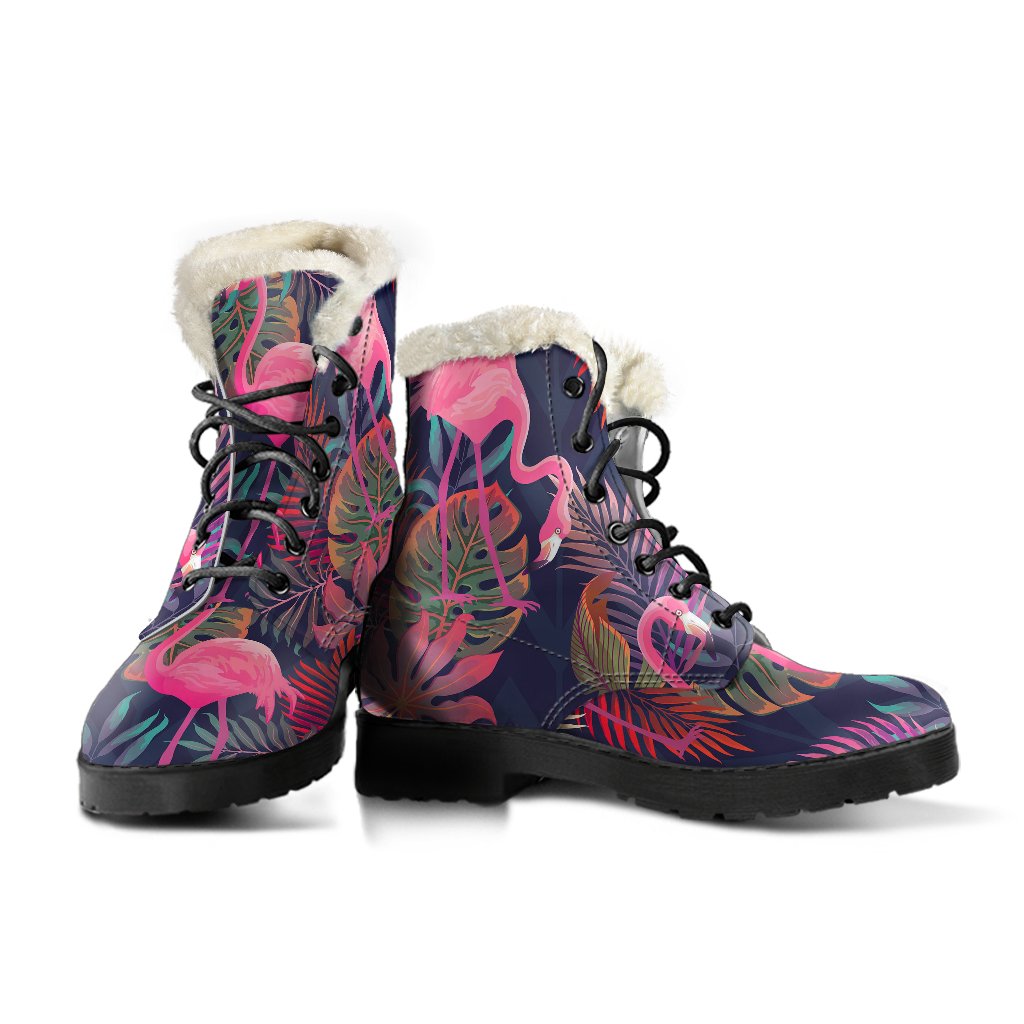 Flamingo Tropical Pattern Faux Fur Leather Boots