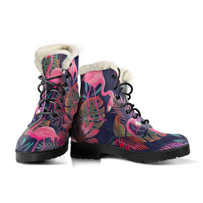 Flamingo Tropical Pattern Faux Fur Leather Boots
