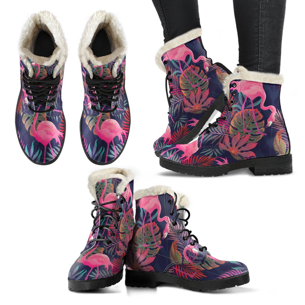 Flamingo Tropical Pattern Faux Fur Leather Boots