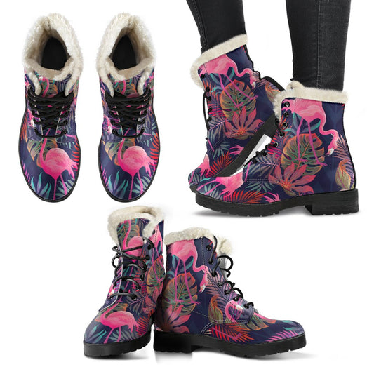 Flamingo Tropical Pattern Faux Fur Leather Boots