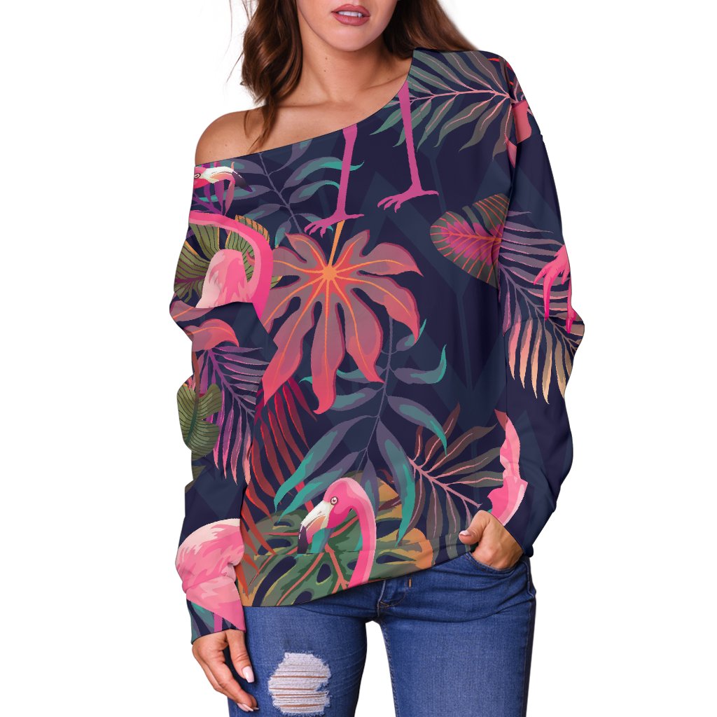 Flamingo Tropical Pattern Off Shoulder Sweatshirt