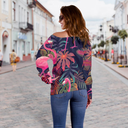 Flamingo Tropical Pattern Off Shoulder Sweatshirt