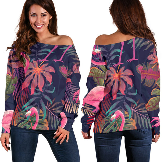 Flamingo Tropical Pattern Off Shoulder Sweatshirt
