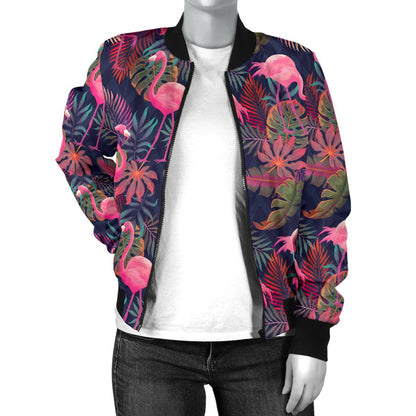 Flamingo Tropical Pattern Women Casual Bomber Jacket