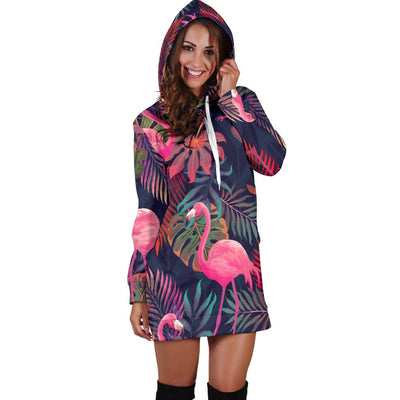 Flamingo Tropical Pattern Women Hoodie Dress