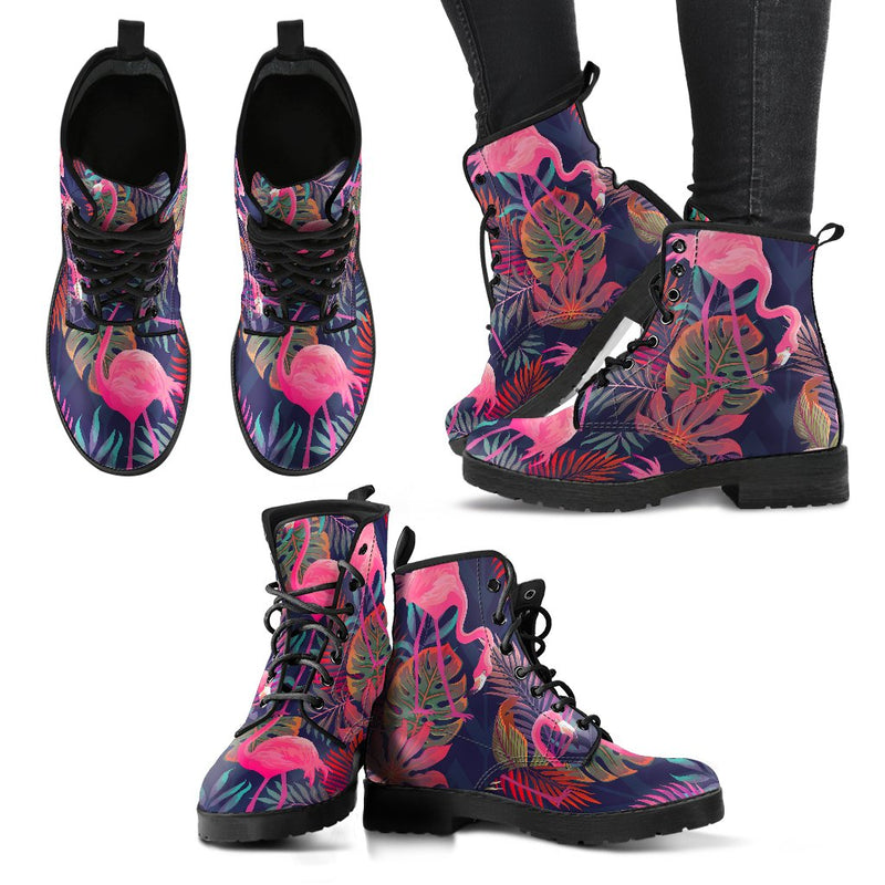 Flamingo Tropical Pattern Women Leather Boots