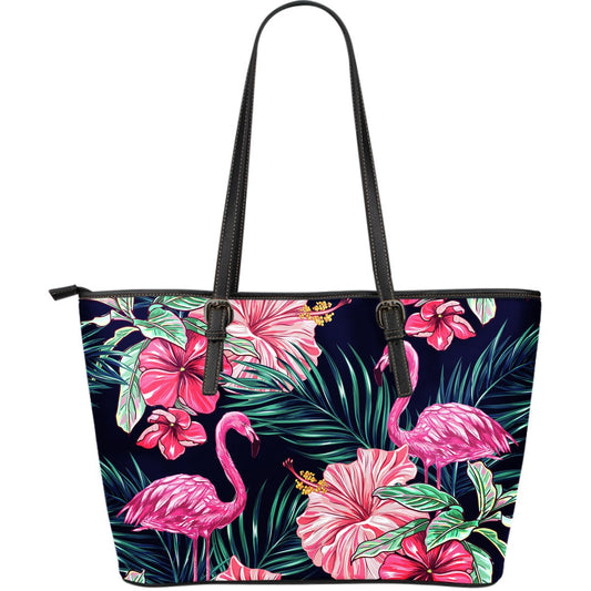 Flamingo Tropical Pink Hibiscus Large Leather Tote Bag