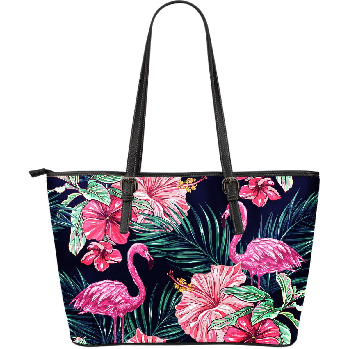 Flamingo Tropical Pink Hibiscus Large Leather Tote Bag