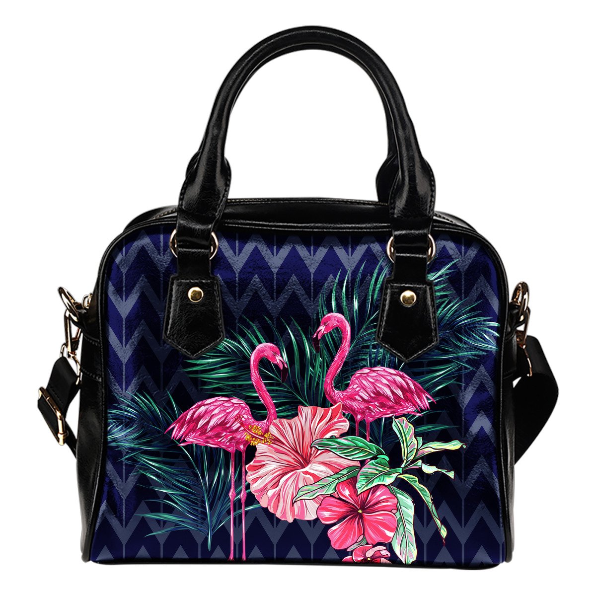 Flamingo Tropical Pink Hibiscus Leather Shoulder Handbag