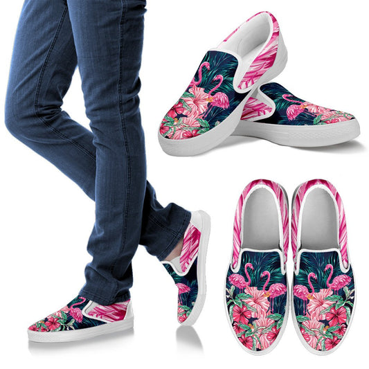 Flamingo Tropical Pink Hibiscus Men Canvas Slip On Shoes