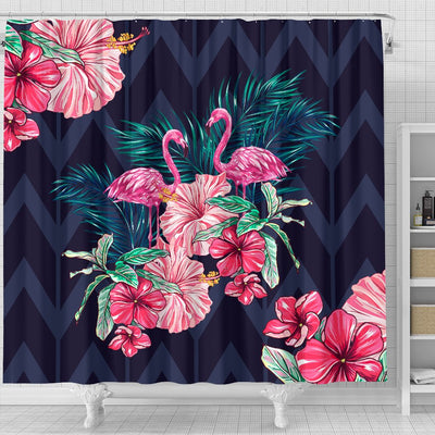 Flamingo Tropical Pink Hibiscus Shower Curtain