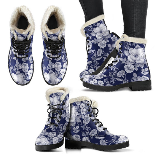 Floral Infrared Pattern Faux Fur Leather Boots