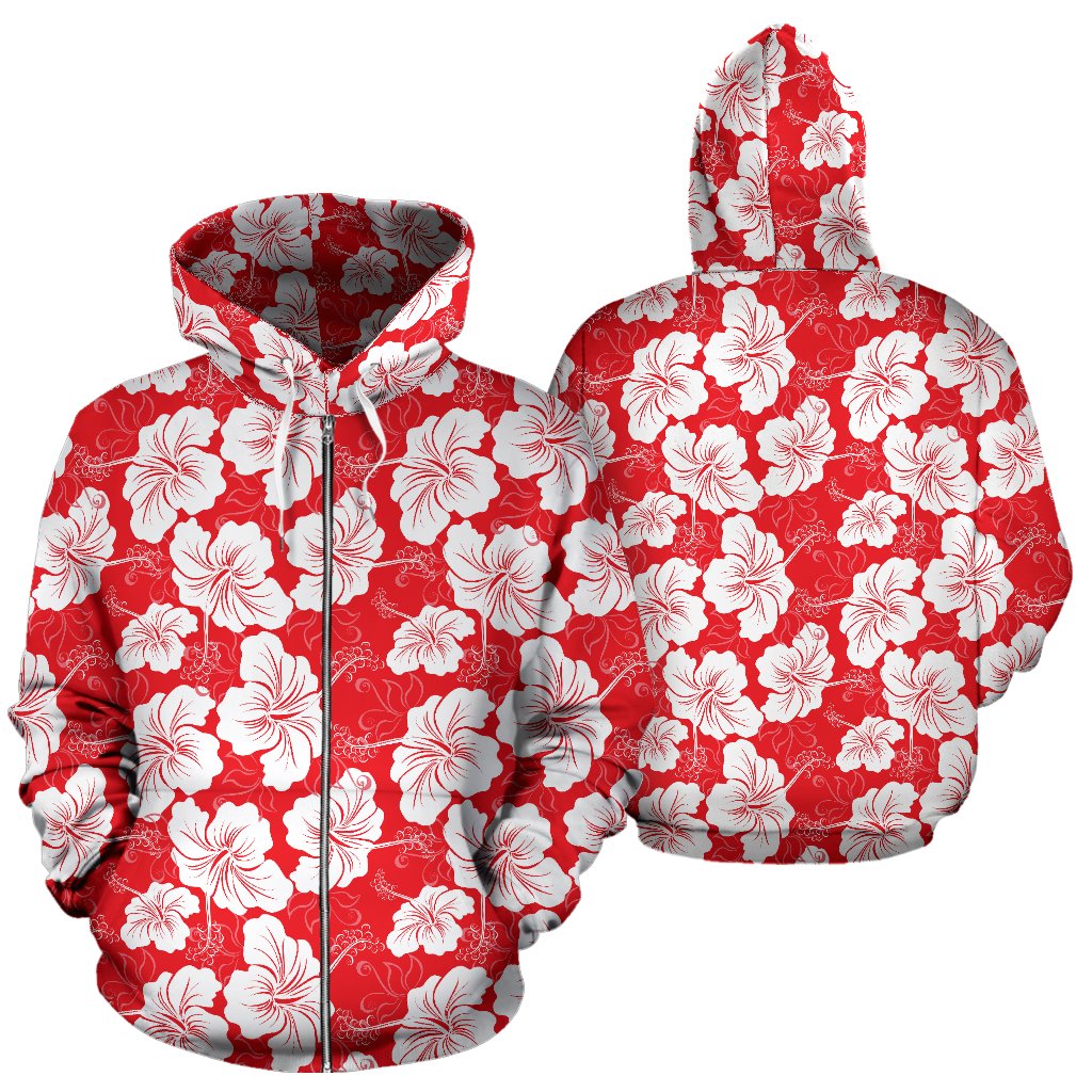 Flower Hawaiian Hibiscus Red Background Print All Over Zip Up Hoodie