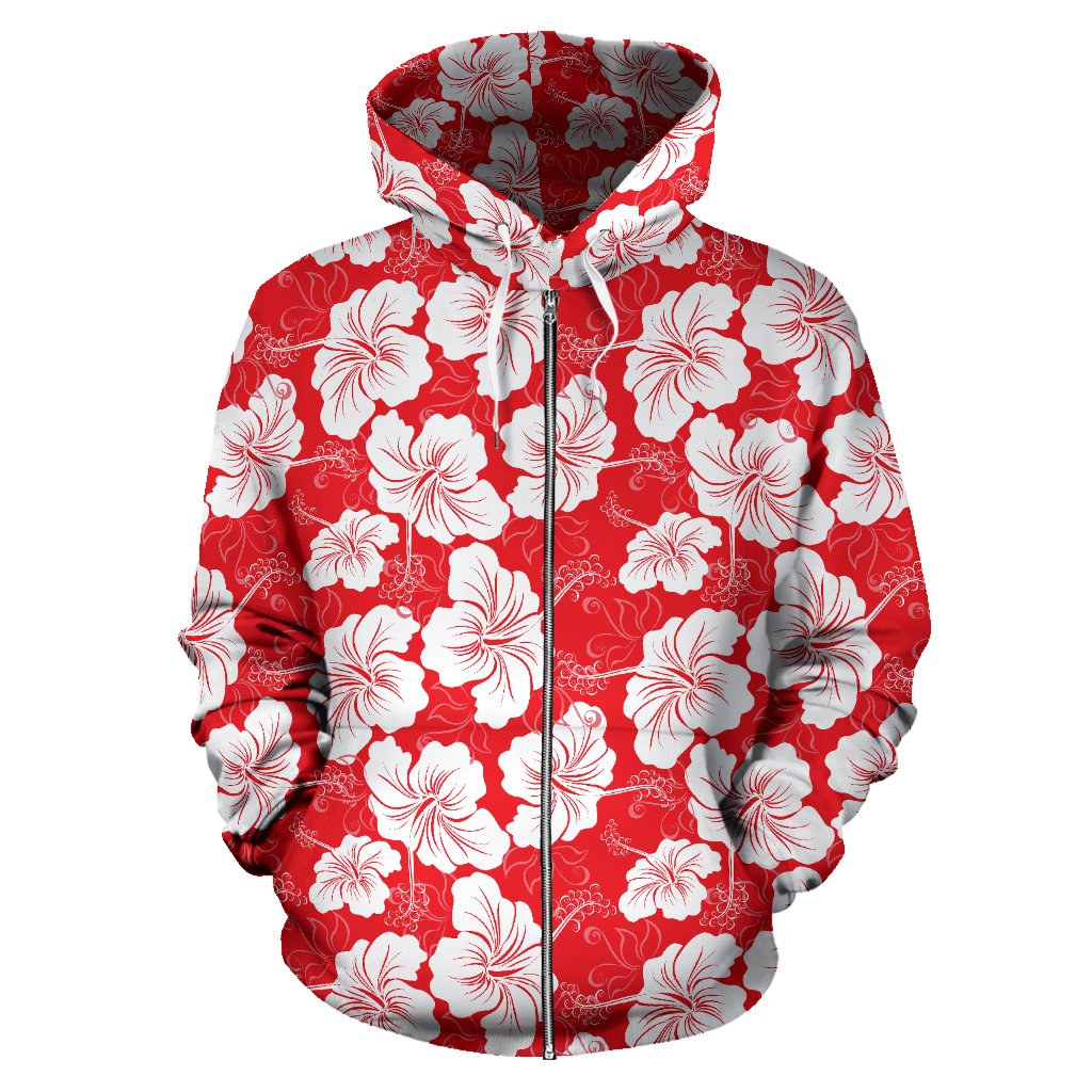 Flower Hawaiian Hibiscus Red Background Print All Over Zip Up Hoodie