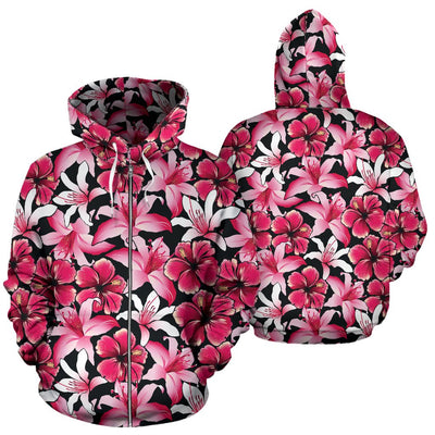 Flower Hawaiian Pink Red Hibiscus Print All Over Zip Up Hoodie