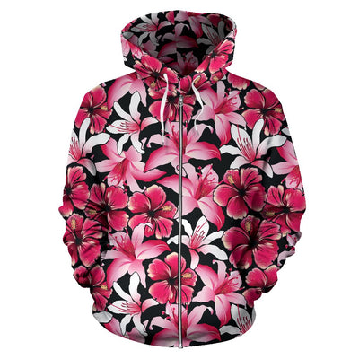 Flower Hawaiian Pink Red Hibiscus Print All Over Zip Up Hoodie