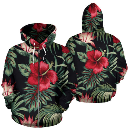 Flower Hawaiian Red Hibiscus Design Print All Over Zip Up Hoodie