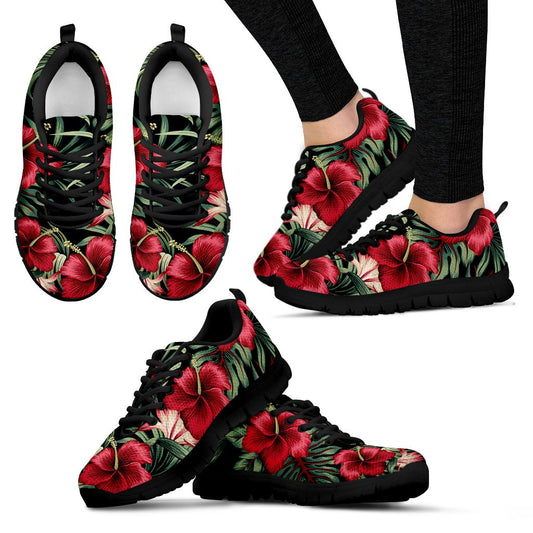 Flower Hawaiian Red Hibiscus Design Print Women Sneakers Shoes
