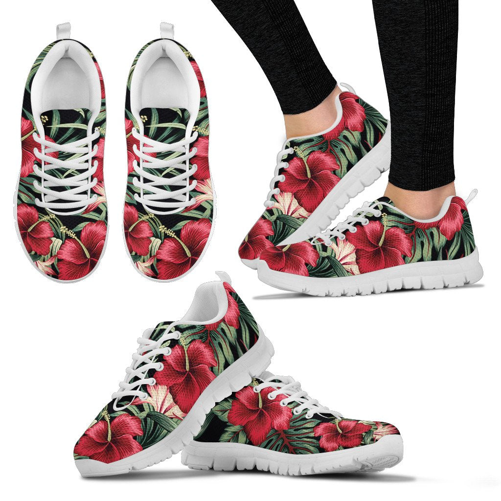 Flower Hawaiian Red Hibiscus Design Print Women Sneakers Shoes