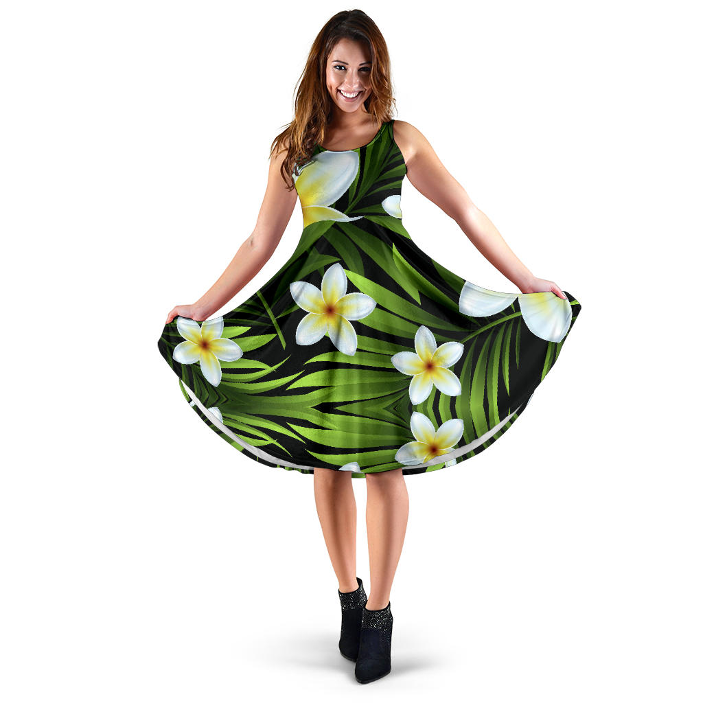 White Plumeria Pattern Print Design PM06 Midi Dress